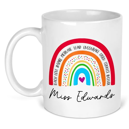 Colour Rainbow teacher name mug on white ceramic