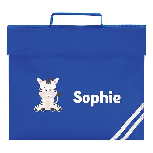 Blue school book bag with cute zebra, reflective stripes and personalised name.