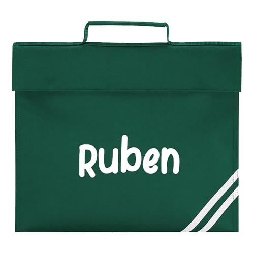 Dark green school book bag with white diagonal stripes and personalised name.