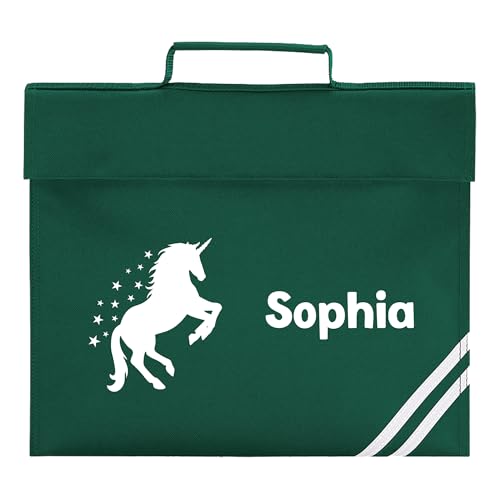 Dark green school book bag with unicorn, stars and personalised white name.