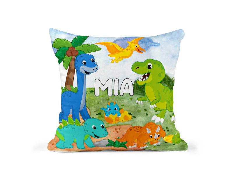 Personalised Dinosaur Cushion with Name showing a bold dinosaur theme front view