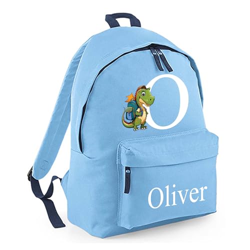 Personalised Dinosaur Initial - Light Blue Kids Backpack with Name and Initial product image