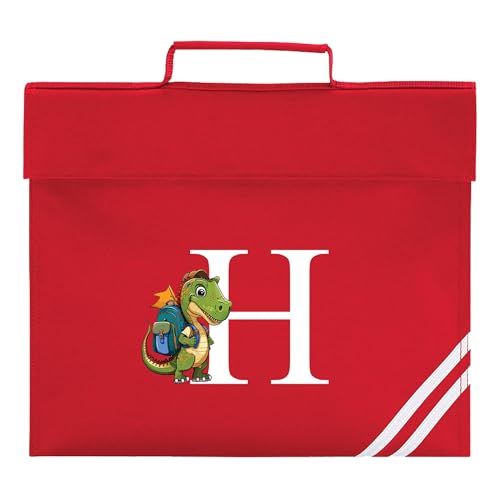 Red school book bag with dinosaur initial design and personalised name.