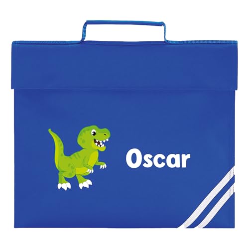 Blue dinosaur school book bag with large white name print.