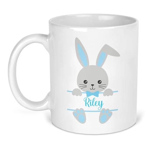Personalised blue easter bunny ceramic mug with name.