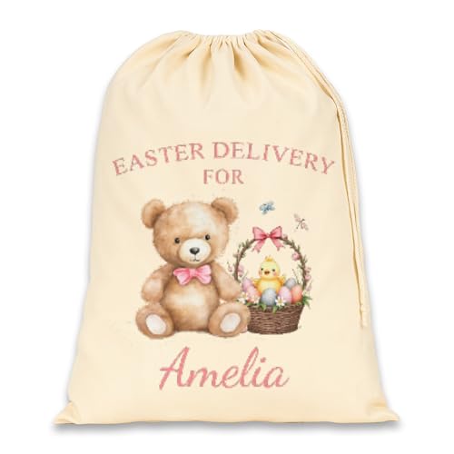 Pink Easter Delivery teddy bear Easter sack personalised with a name