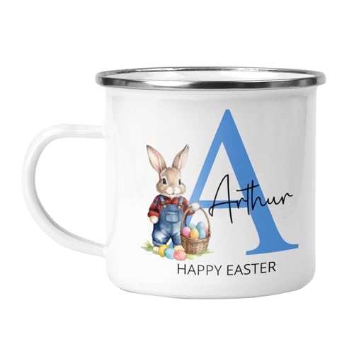 Personalised Easter enamel mug with blue initial, name and bunny design