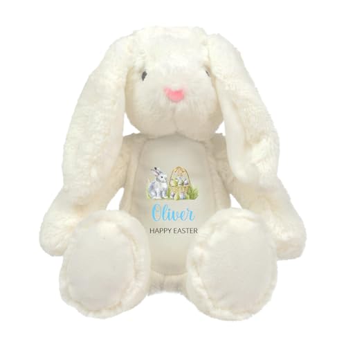 Personalised Easter White Bunny Soft Toy with Name - Blue Script