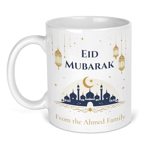 Personalised Eid Mubarak Navy Mosque Mug with Message with Eid Mubarak Navy Mosque design