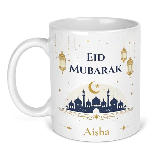 Personalised Eid Mubarak Navy Mosque Mug with Name with Eid Mubarak Navy Mosque design