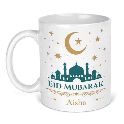 Personalised Eid Mubarak Teal Mosque Mug with Name with Eid Mubarak Teal Mosque design