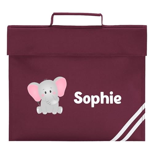 Burgundy school book bag with friendly elephant and personalised white name.