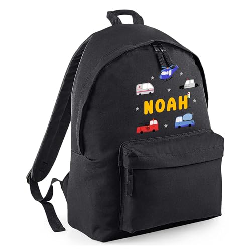 Personalised Emergency Vehicles - Black Kids Backpack with Name product image