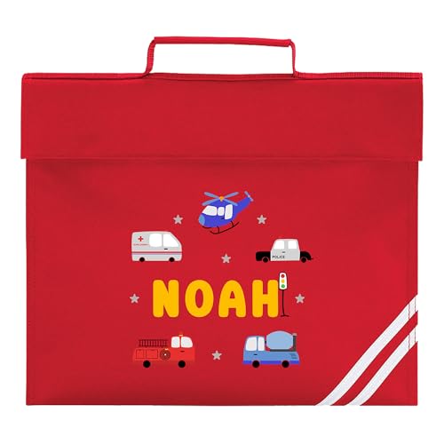 Red school book bag with emergency vehicles around a personalised name.
