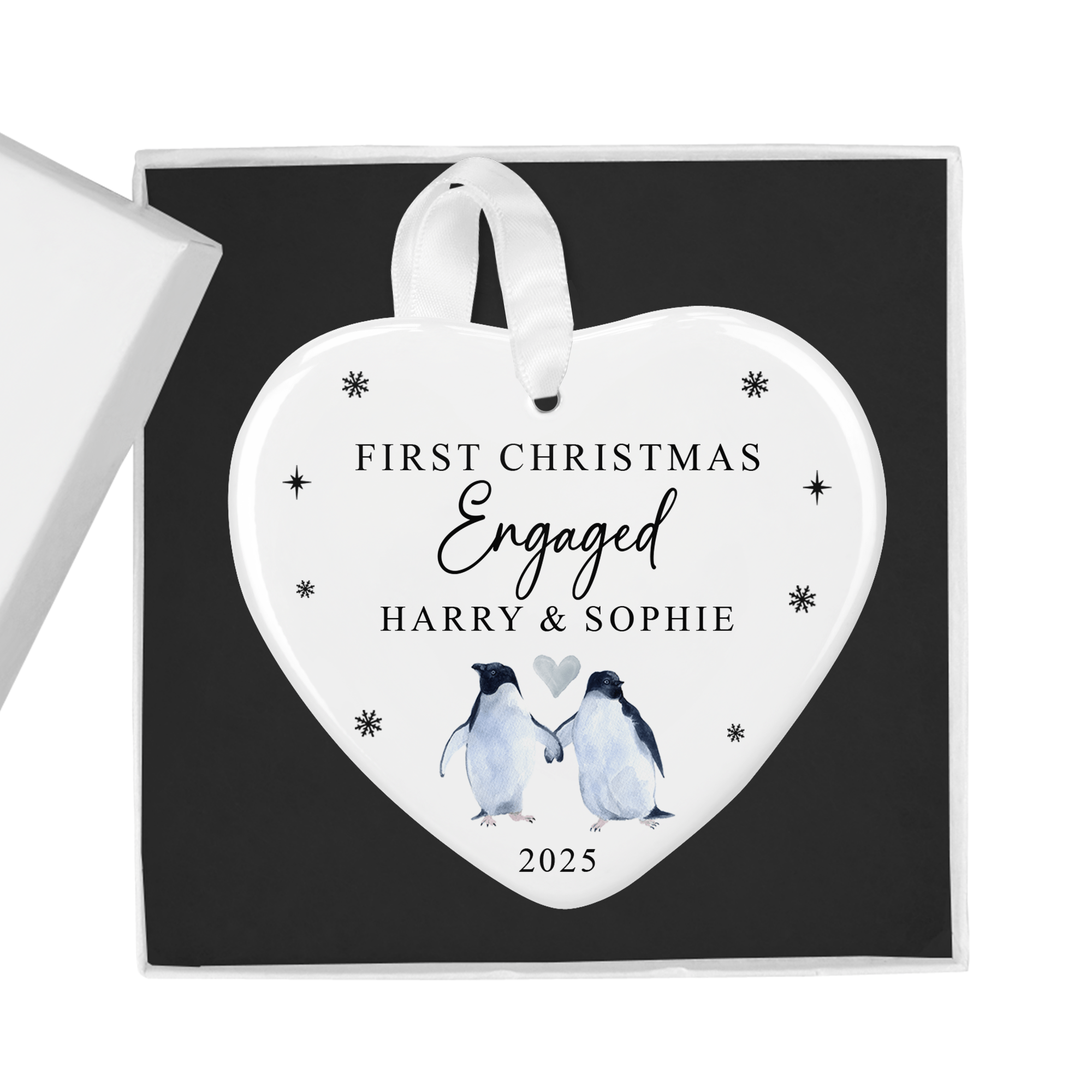 Personalised First Christmas Engaged Penguin Heart Ornament with Gift Box - Chicken Craft Ltd