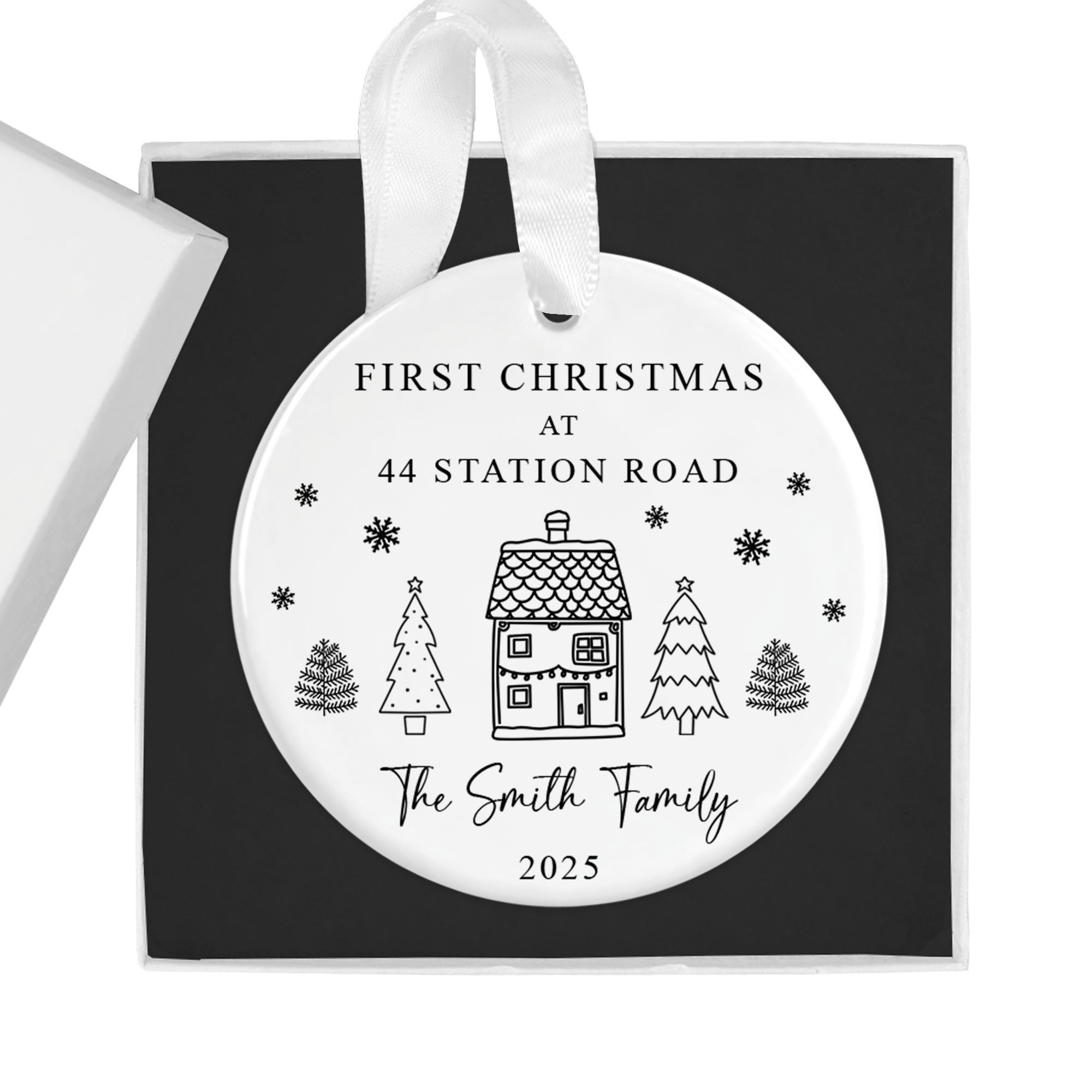 Personalised First Christmas in Our New Home Family Name & Address Ornament with Gift Box - Chicken Craft Ltd