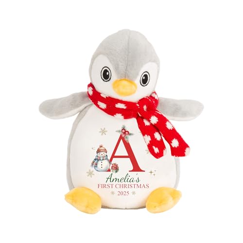 Penguin teddy with snowman Christmas design, name, year and initial