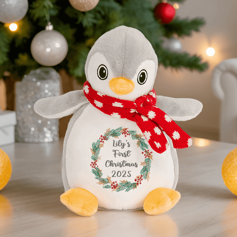 Personalised 1st Christmas Baby Penguin Soft Toy showing red First Christmas penguin