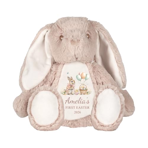 Brown Easter bunny soft toy with balloons, flowers and name