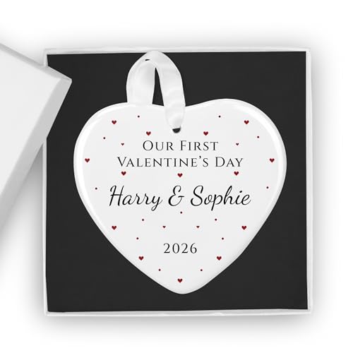Our First Valentine's Day Heart Confetti white ceramic heart ornament