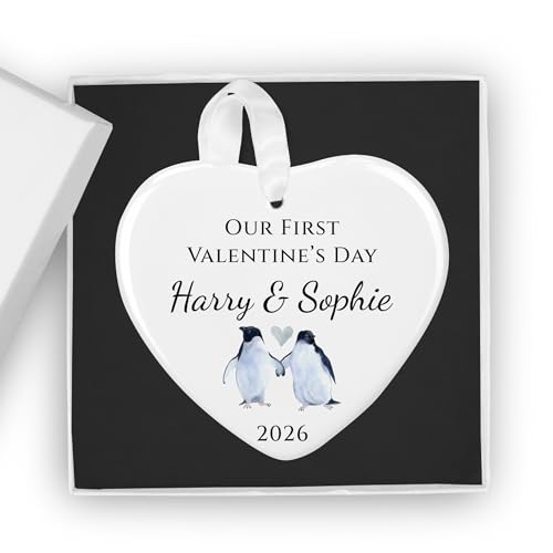Our First Valentine's Day Penguin Couple white ceramic heart ornament