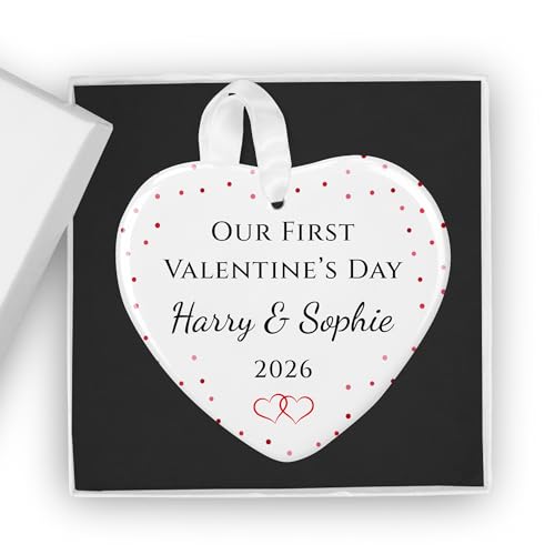 Our First Valentine's Day Polka Dot Hearts white ceramic heart ornament
