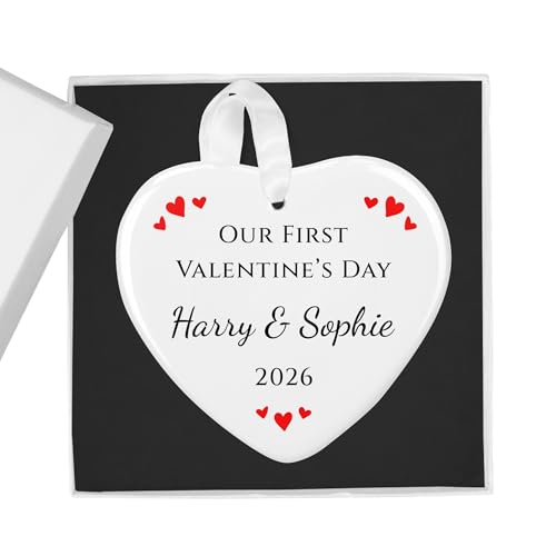 Our First Valentine's Day red and black ceramic heart ornament with names and year