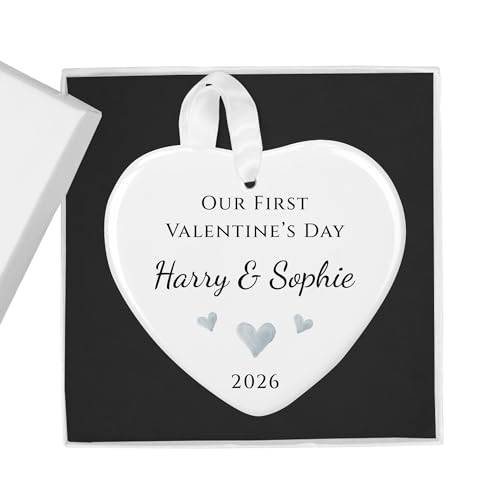Our First Valentine's Day Silver Hearts white ceramic heart ornament