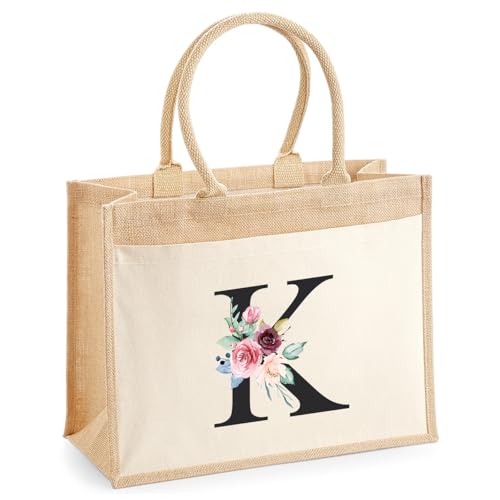Personalised Floral Initial Jute with Letter Canvas Shopper Tote Bag