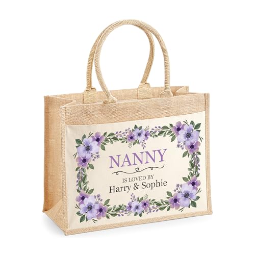 Personalised Floral Jute for Mum or Grandma with Names Tote Bag