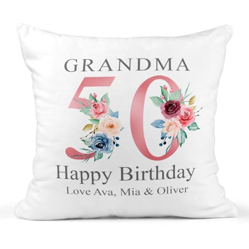 50th birthday floral number fifty cushion with family names
