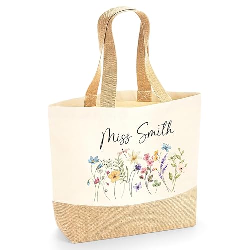 Personalised Floral Wildflowers Jute Tote Bag with Name