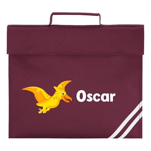 Burgundy flying dinosaur school book bag personalised with a white name.