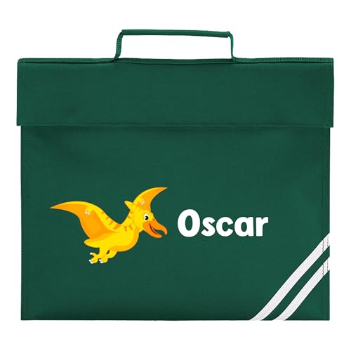 Green flying dinosaur school book bag personalised with a bold name.