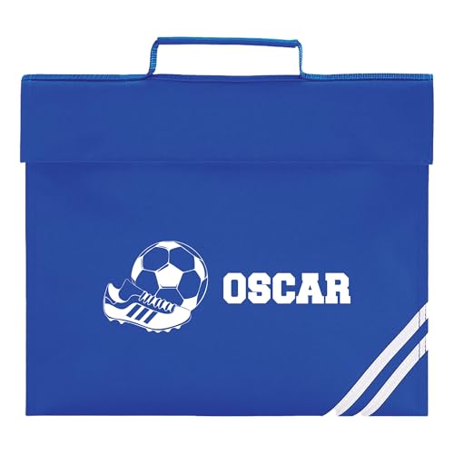 Blue football school book bag with name print and stripe detail.