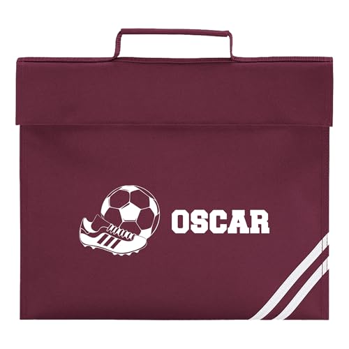Burgundy football school book bag with name print.
