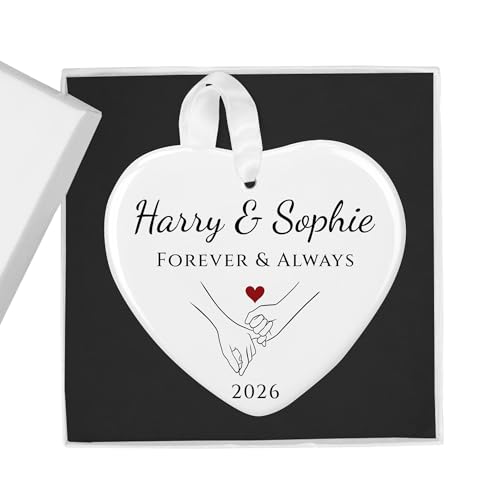 Forever & Always white ceramic heart ornament with couple names and year