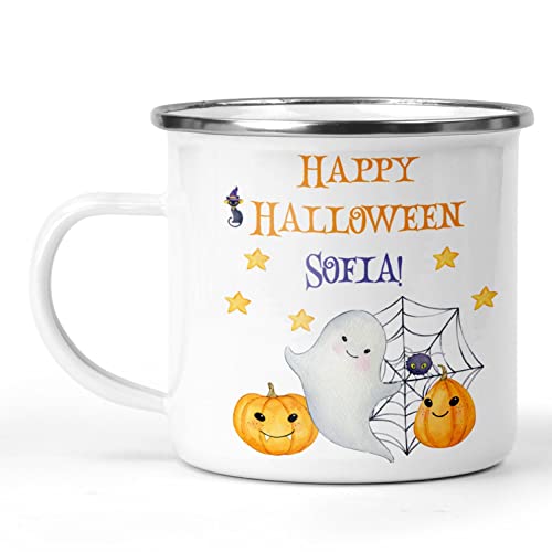 Personalised Ghost Enamel Mug with Halloween Design