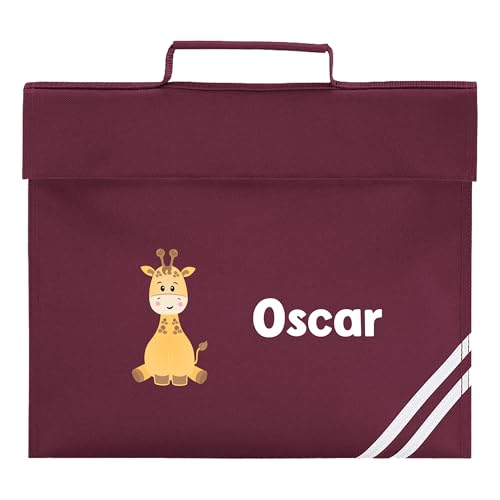 Burgundy school book bag with Giraffe design and name print.