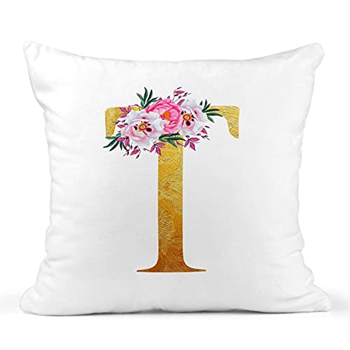 Personalised gold floral initial cushion cover.