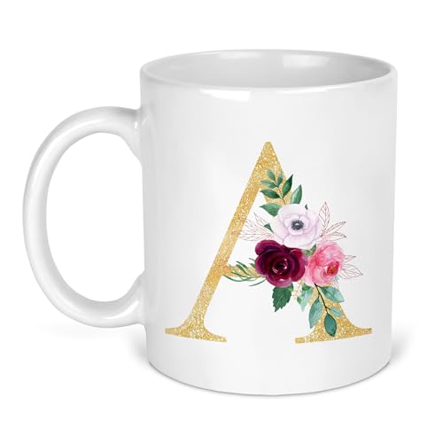 Personalised gold floral initial ceramic mug.