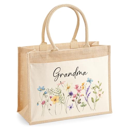 Personalised Grandma Wild Flowers Jute Tote Bag with Name product image