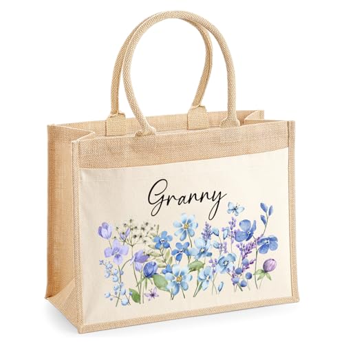 Personalised Granny Blue Flowers Jute Tote Bag with Name product image