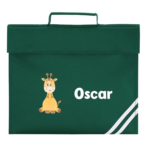 Green school book bag with cartoon giraffe and personalised name