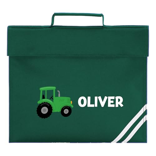 Green school book bag with green tractor graphic and personalised name.