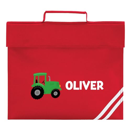 Red school book bag with green tractor design and personalised name.