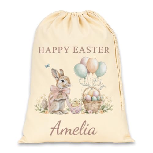 Pink Happy Easter bunny and balloons Easter sack personalised with a name