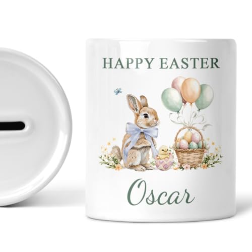 Blue Happy Easter bunny money box with personalised name