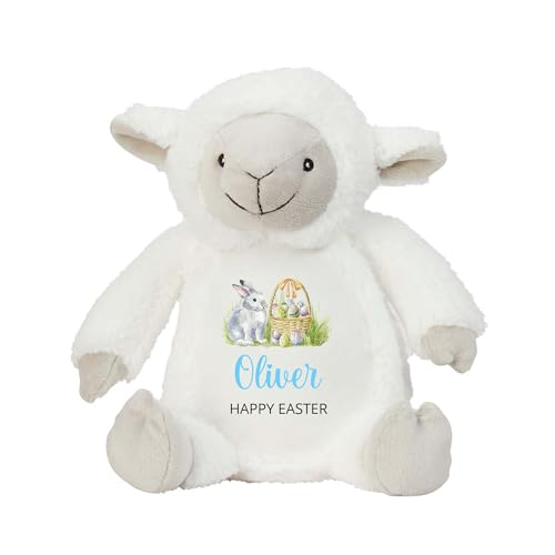 Personalised Happy Easter Lamb Soft Toy with Name - Blue Script