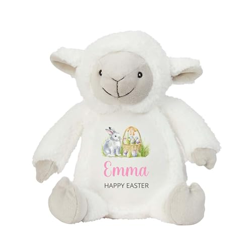 Personalised Happy Easter Lamb Soft Toy with Name - Pink Script